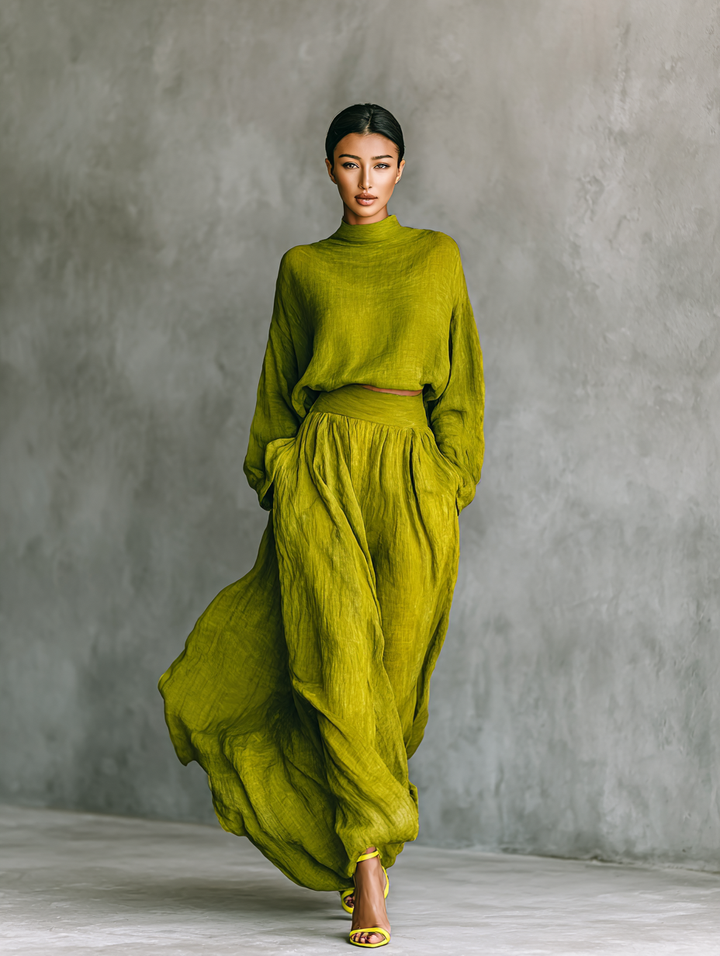 Pilar | Ensemble pour femmes en vert en mélange de coton et de lin
